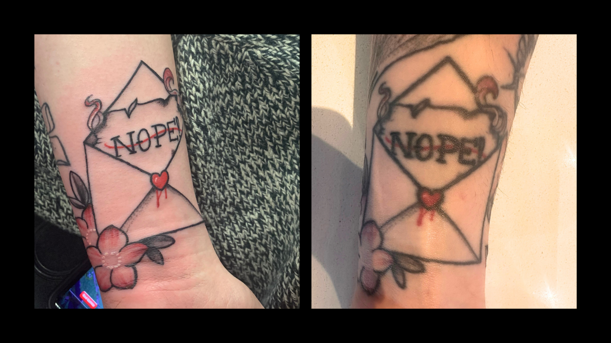 A tattoo photographed fresh and again after years of healing