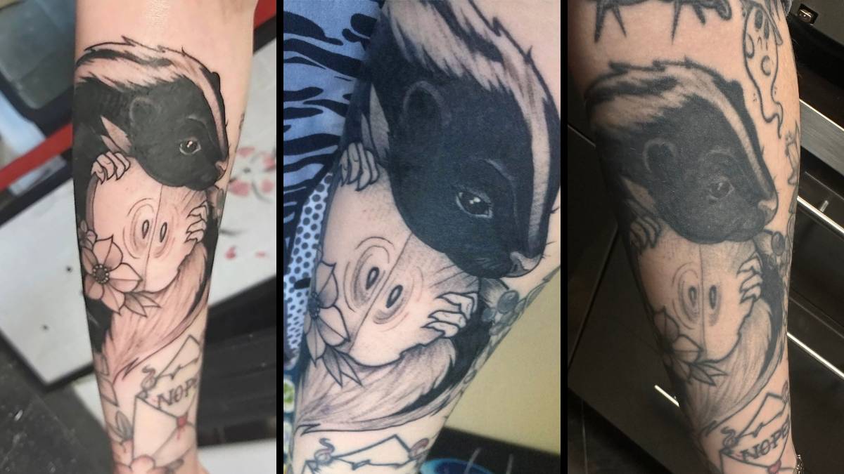 The same tattoo photographed at day one, week ten and six years of healing