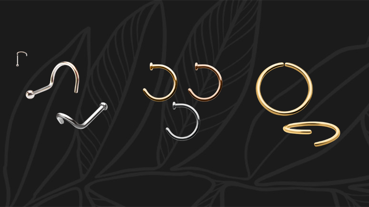 three types of nose jewellery side by side, a nose screw, nostril nail and seam ring