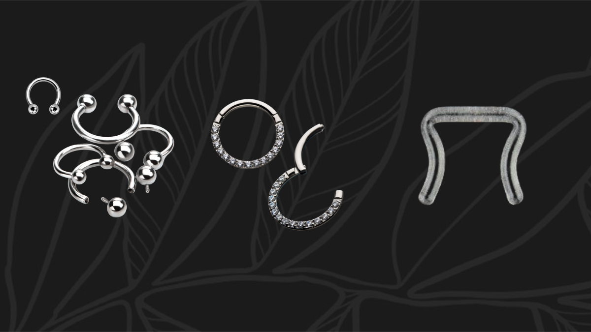 Septum jewellery laid out, a clicker, a horseshoe, a captive bead ring and a clear retainer